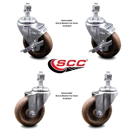 Service Caster 4 Inch High Temp Glass Filled Nylon 12mm Threaded Stem Caster Brakes SCC, 2PK SCC-TS20S414-GFNSHT-M1215-2-TLB-2
